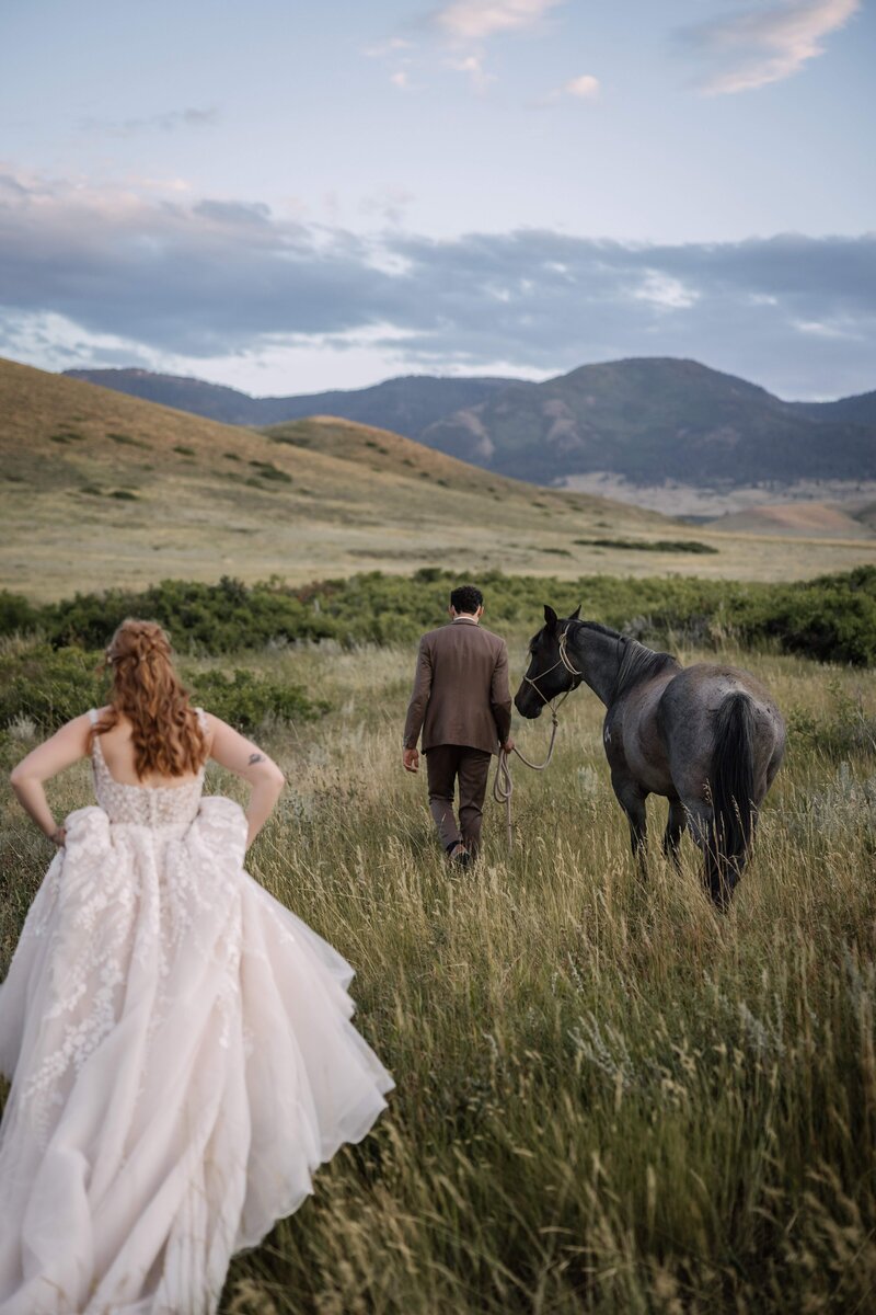 bride and groom with horse at mountain wedding