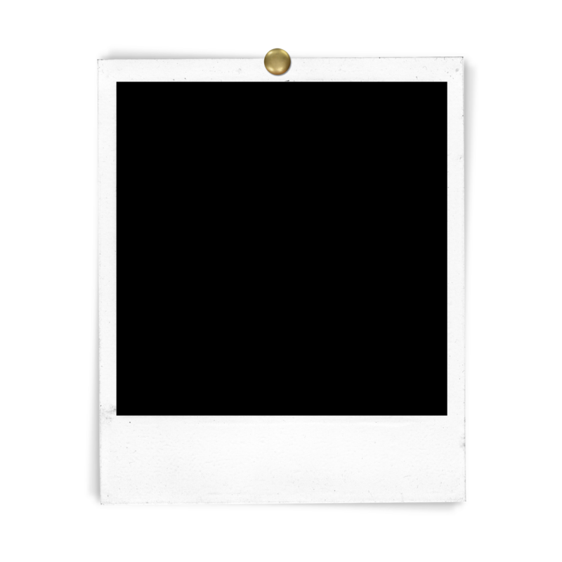 White polaroid with gold pin graphic.