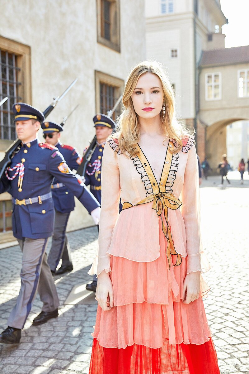 Editorial senior portraits of a high school senior girl at destination session in Prague.

