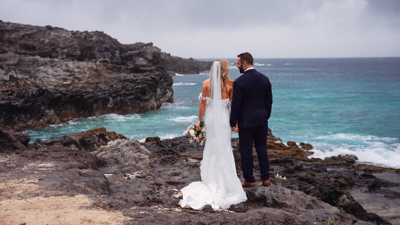 Hawaii Elopement Couple on Rocks near water
