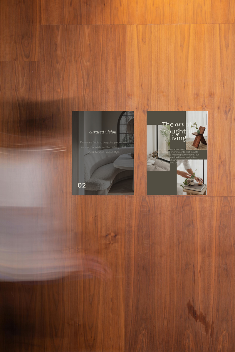 Two feature sections from the website, set against a warm wood accent wall, mirroring the studio’s signature blend of contemporary elegance and natural textures