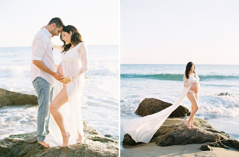 A couple posing on the beach during their maternity sessio