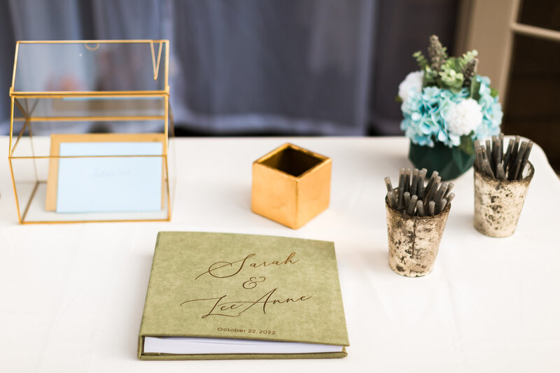 wedding guestbook green suede gold