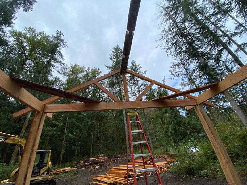 View of pavilion framing with a ladder and wooden beams