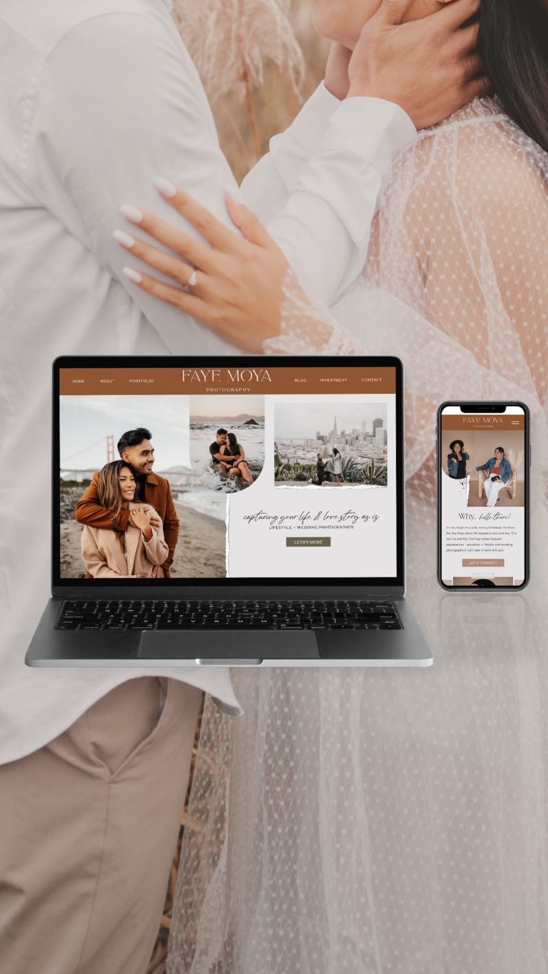 An elegant and modern website design mockup in Showit for a California wedding photographer.