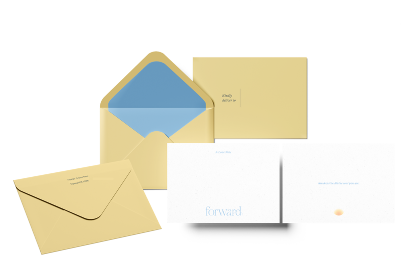 Envelope and corresponding branded note card design featuring bright pops of yellow and blue