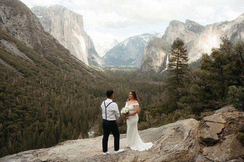 Couple says their vows while eloping in Yosemite with Tunnel view in the background