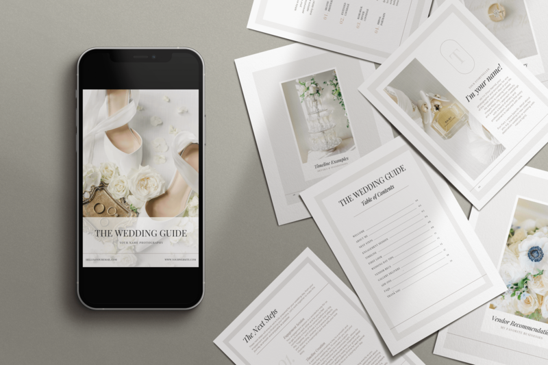 wedding template guide on a mockup iphone and documents