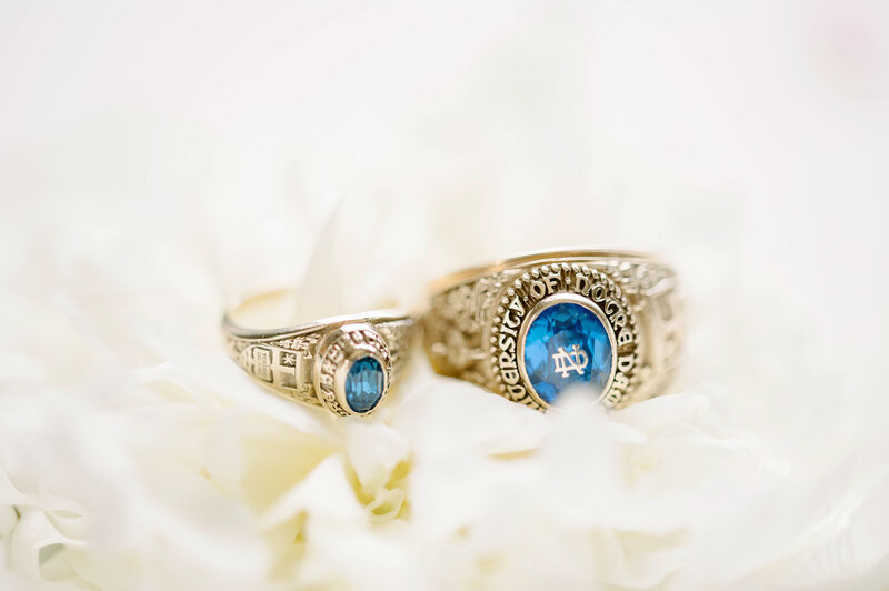 Notre Dame class rings for a bride and groom who are alumni
