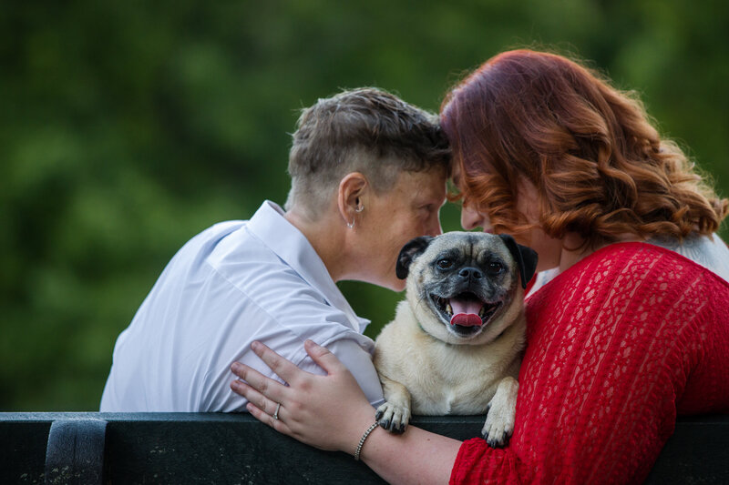 A same-sex couple sharing a joyful moment with their adorable pug during their engagement session, highlighting love, laughter, and their furry companion.