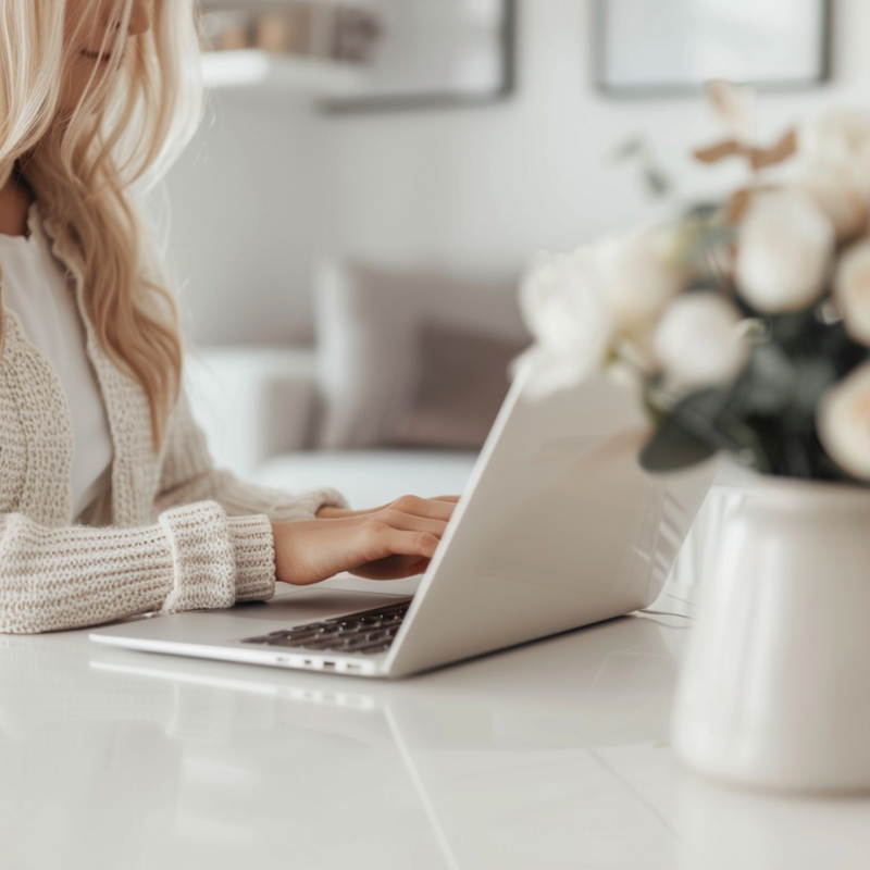 Frau in einem hellen Raum, die an einem Laptop arbeitet. Im Vordergrund ein Blumenarrangement. Symbolisiert strukturiertes Arbeiten und kreative Prozesse im Online-Business.