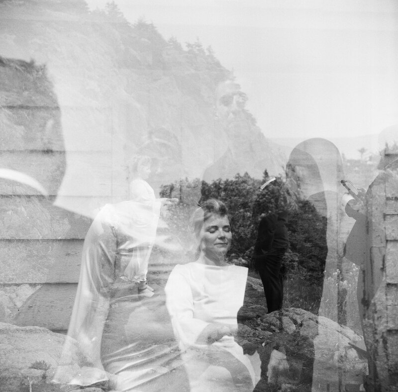 triple exposure of bride and groom exchanging vows beside a hill