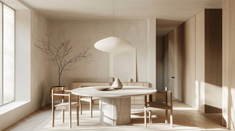 minimalist-dining-area-with-round-table-simple-chairs-statement-pendant-light