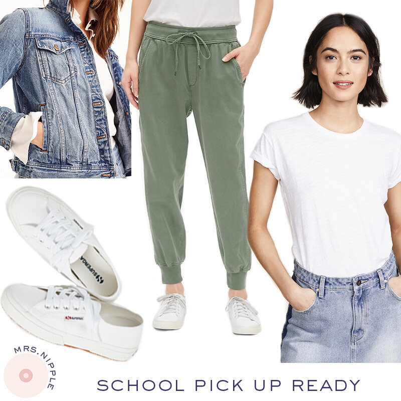 Style collage featuring jean jacket, green joggers, whihte Supergas, and plain white tee