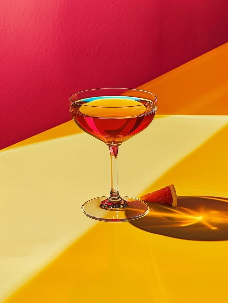 A vibrant cocktail in a crystal-clear coupe glass sits on a striking yellow and orange surface, with light refracting in bold, colorful patterns. A wedge of grapefruit adds a zesty accent, making this stylish composition a perfect representation of the indulgent experiences offered through vacation fundraising for charities.
