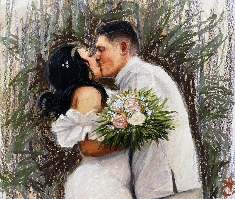 A portrait of a married couple kissing one another while in a field. 