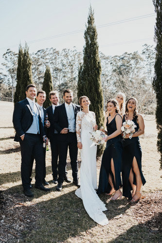 Fun and elegant photograph of a wedding/bridal party at Fernbank Farm on the NSW Central Coast, near the Hunter Valley