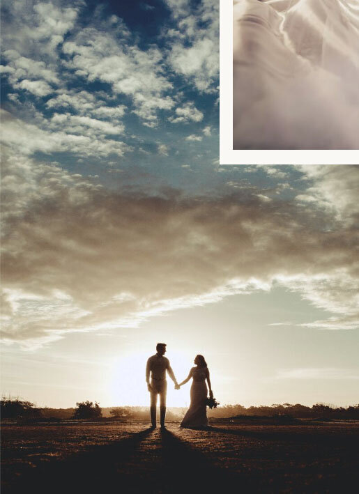 couple holding hands on their wedding day at sunset