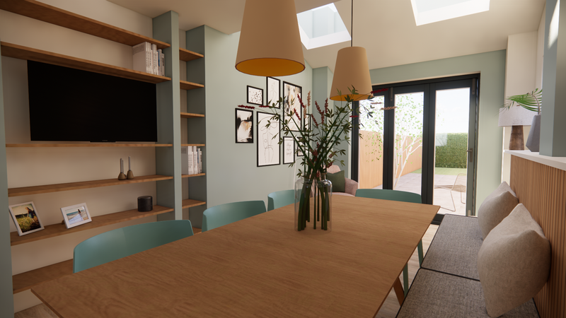 Interior visual for Pontcanna project showing  kitchen and dining interiors