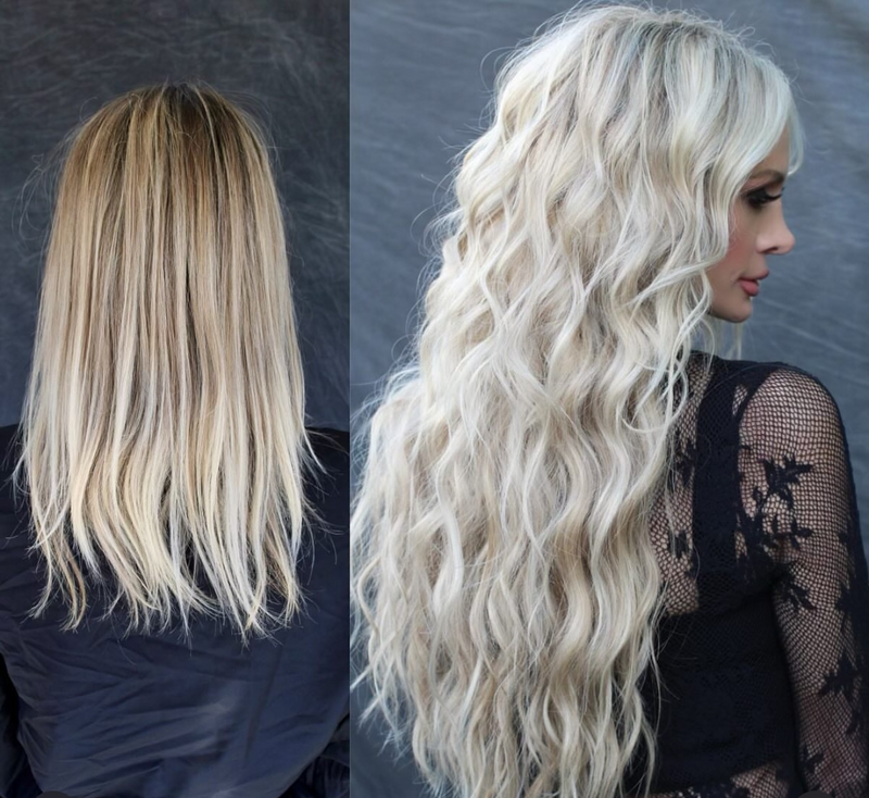 Two hairstylists taking photos of hair extensions