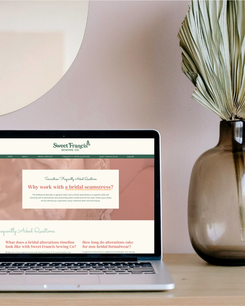 custom Showit website design for Sweet Francis Sewing Co, a bridal alteration in Olympia and Tumwater