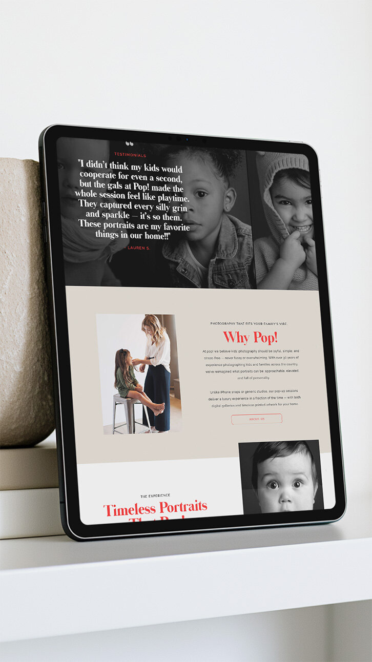 iPad showcasing pop! website design for a kids pop up traveling studio.