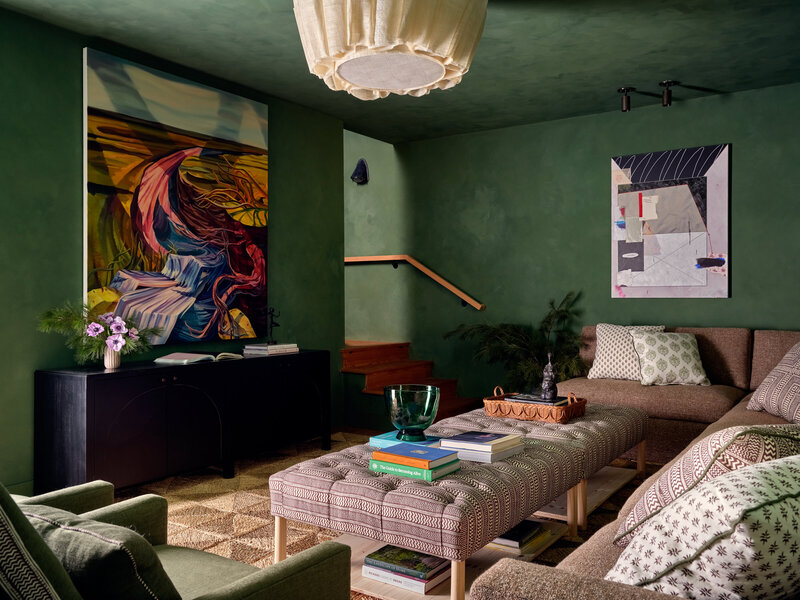 Northeast Harbor, Mount Desert Island, Maine modern barn lower level living room with custom couches 