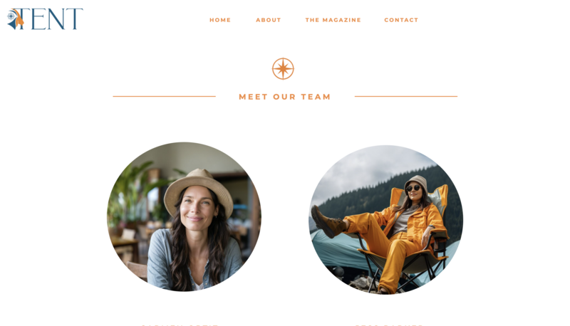 Tent Magazine about page sample featuring earthy tones and bold imagery, highlighting the brand’s outdoor lifestyle focus.
