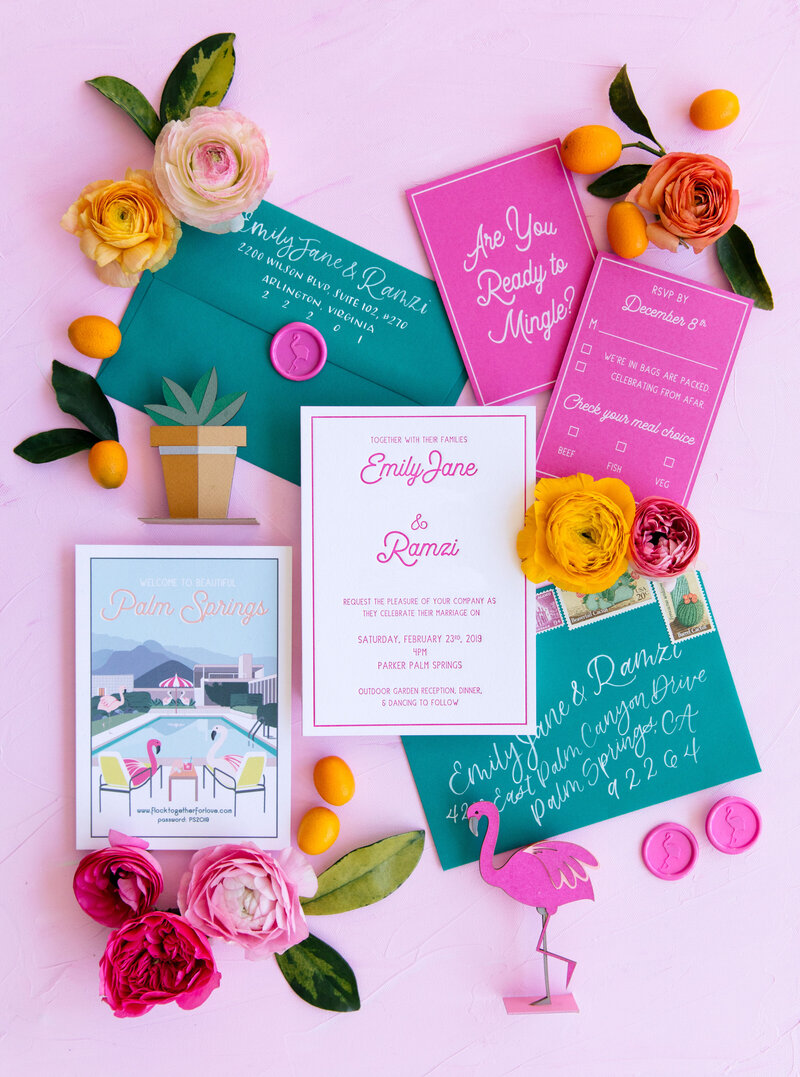 Flamingo Wedding Invitation suite at The Parker Palm Springs