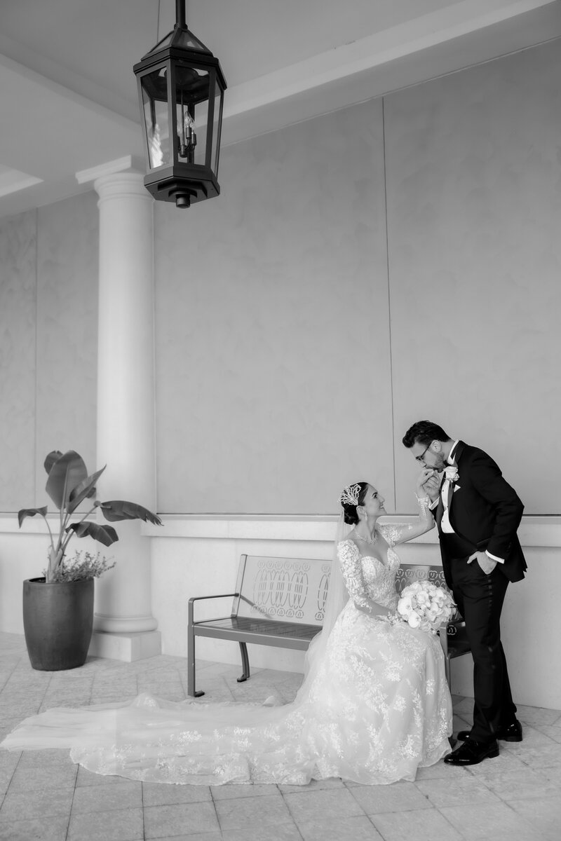 Bride and groom portrait at a wedding at the four seasons Orlando by Florida wedding photographer.
