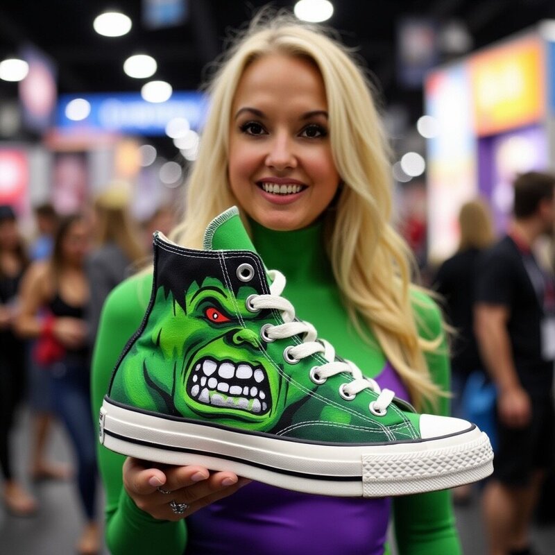 Buffy dressed in "She Hulk" Cosplay costume holding customized canvas high top sneaker painted in Hulk theme
