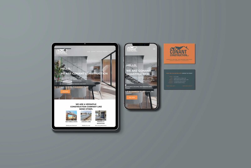 A mockup of a tablet and phone showing the 'Conant Constructions' website and two business cards.