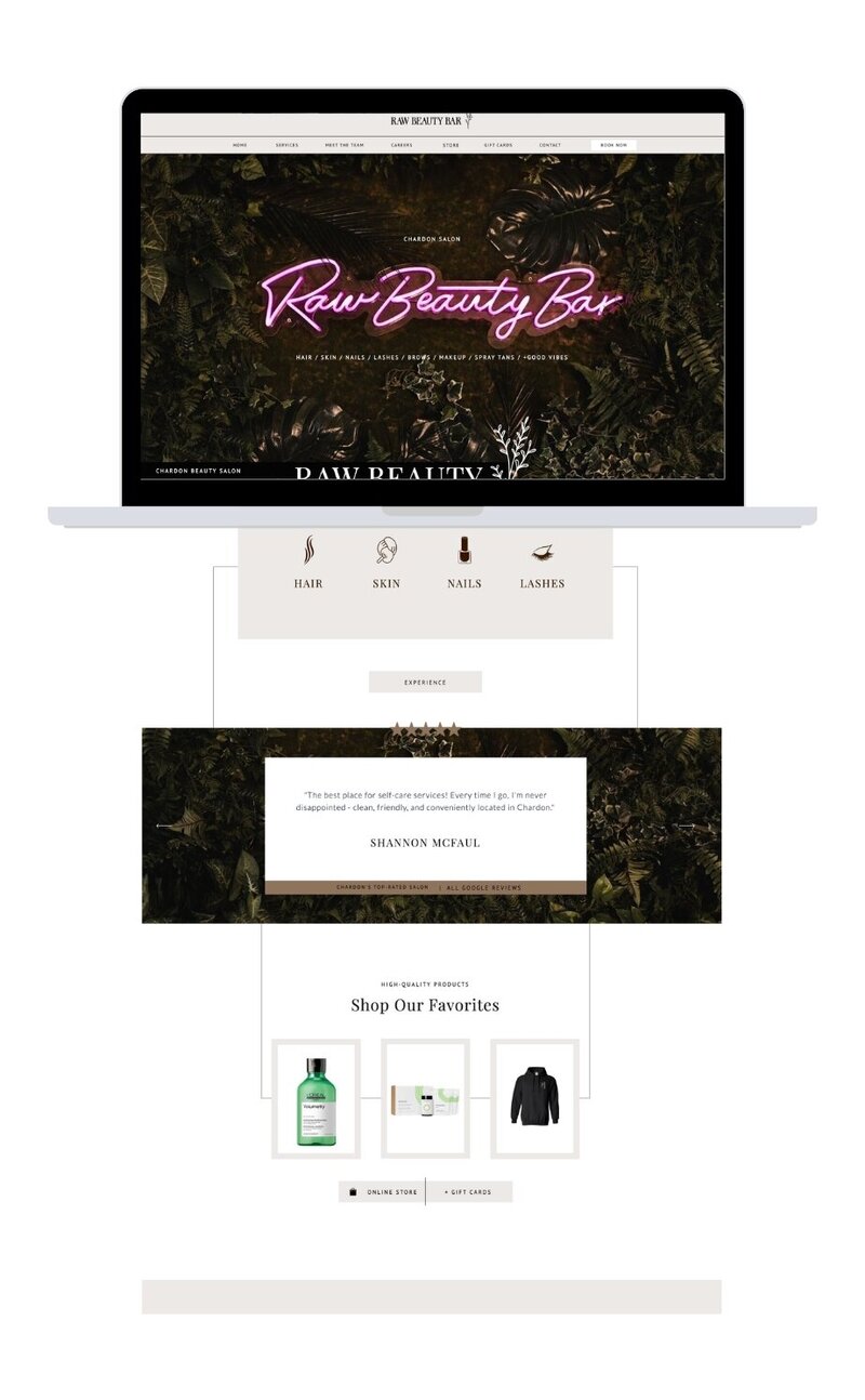 Mock-up of Raw Beauty Bar's website on a computer, highlighting a modern and inviting design for a beauty salon.