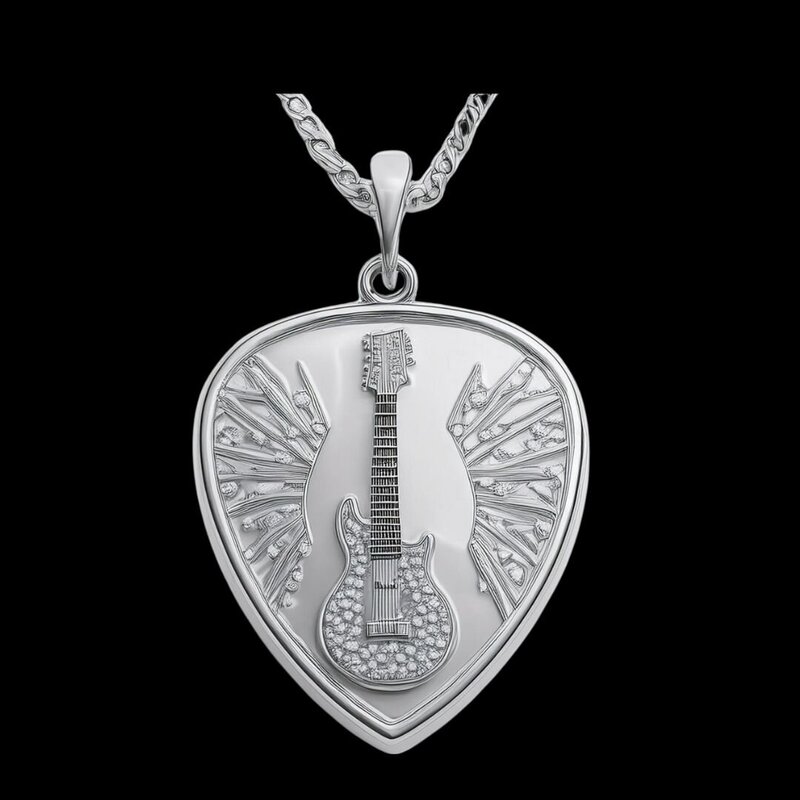 Diamond Guitar Pick Necklace in Star of Rock Shop Symbolizing Boldness and Elegance