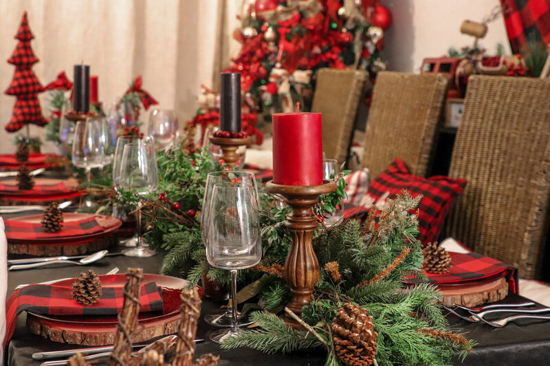 Christmas setting buffalo plaid forest theme event planner nyc