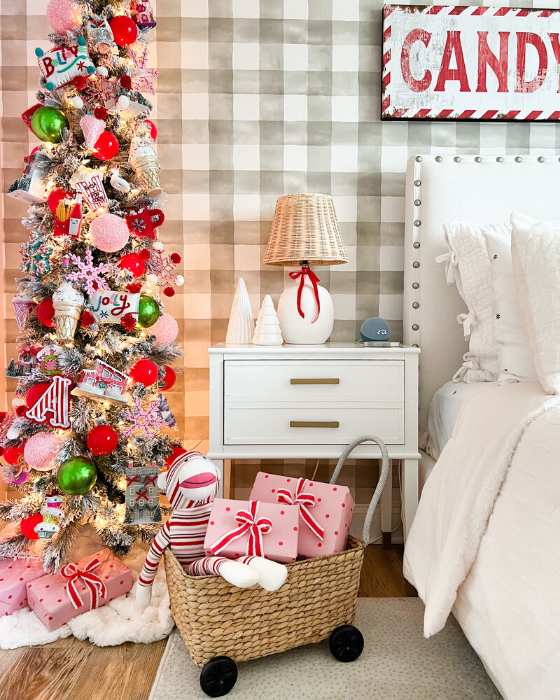 a nightstand decorated for Christmas