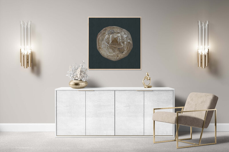 Fine Art Canvas with a natural frame featuring Project Stardust micrometeorite NMM 3230 for luxury interior design