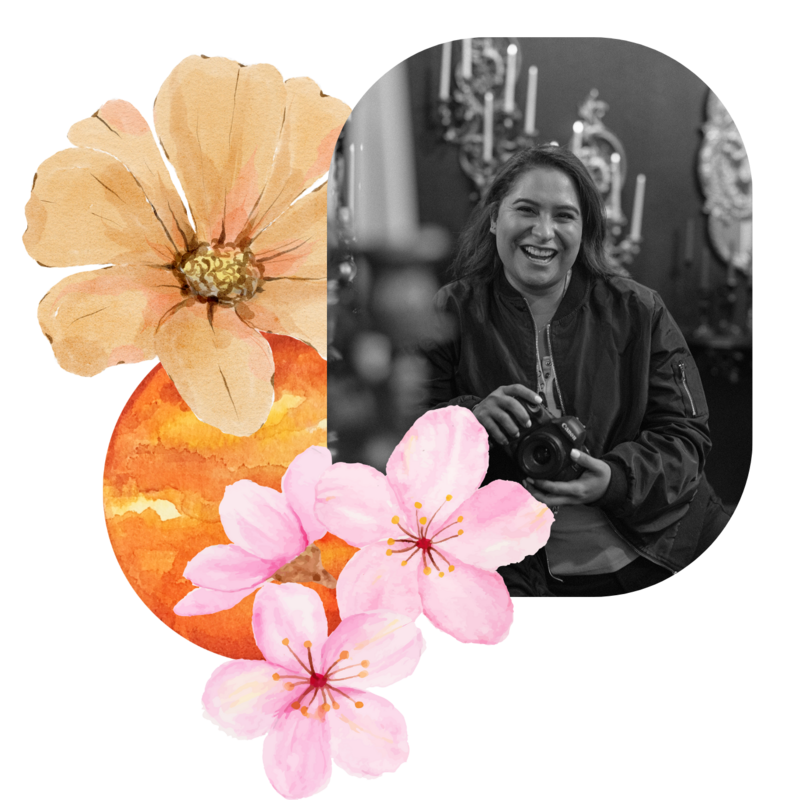 black and white headshot with watercolor flowers