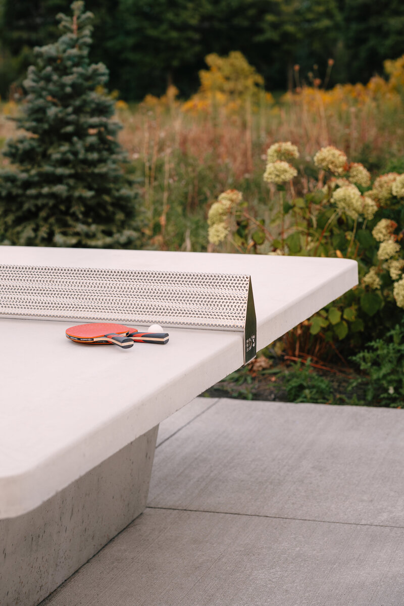 An outdoor ping pong table