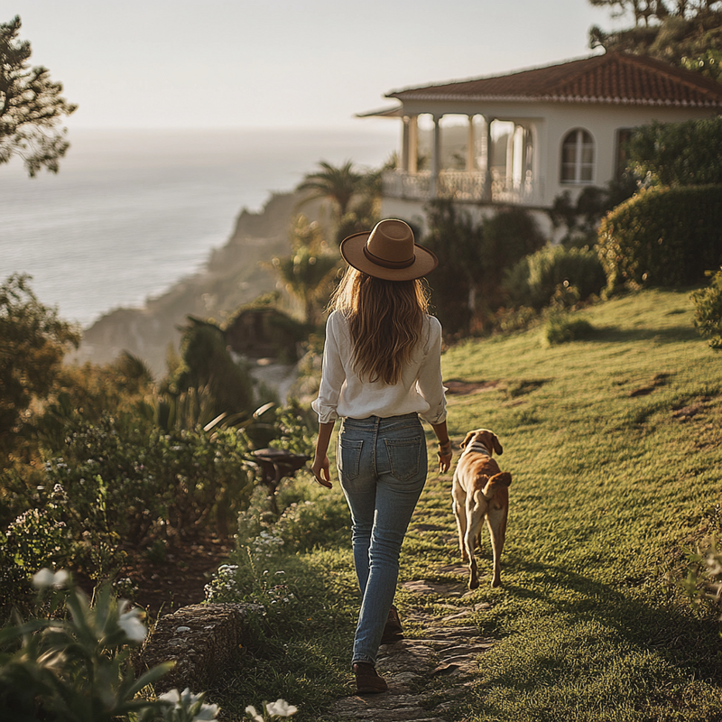a woman and a dog walking on a hill toward a villa overlooking the ocean in Portugal. 