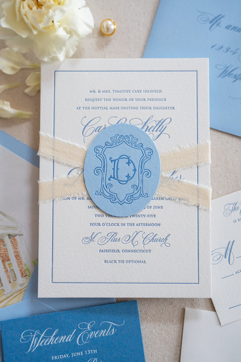 blue letterpress wedding monogram