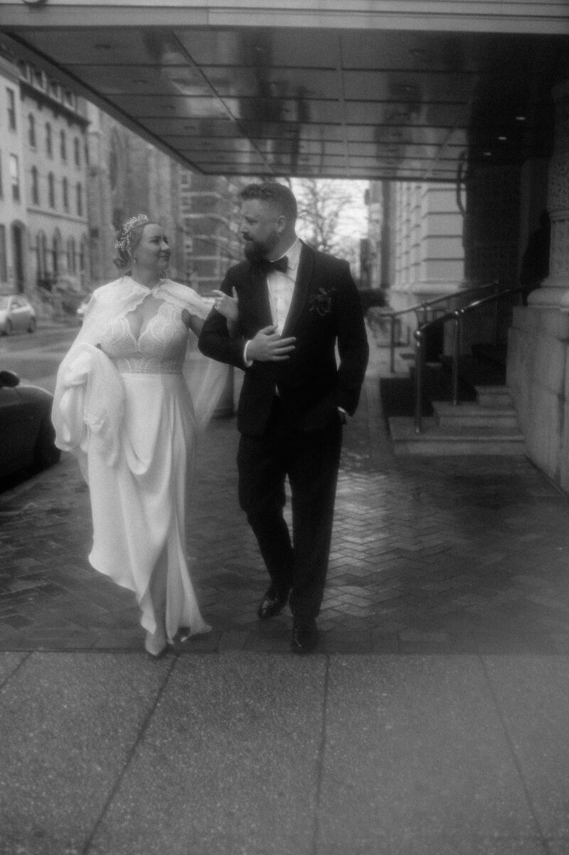 wedding dress and groom tux and bowtie at the belvedere in downtown baltimore maryland wedding venue