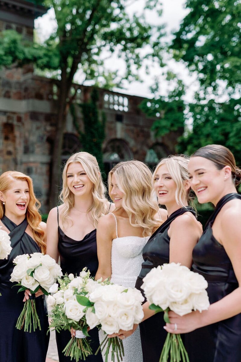 Modern Editorial Bridesmaids in Black Dresses Sophisticated Happy at Graydon Hall Manor Toronto Jacqueline James Photography