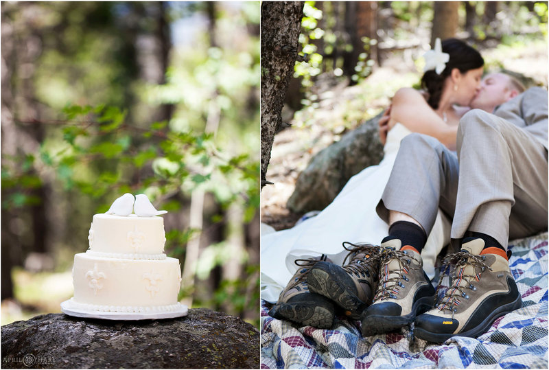 Pretty summer wedding elopement picture with hiking boots and wedding cake at Golden Gate Canyon State Park