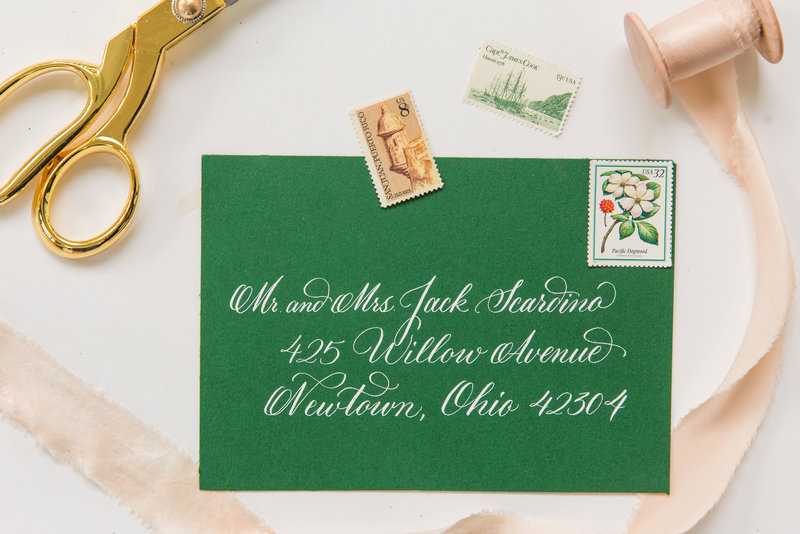 Pointed pen calligraphy on a green envelope