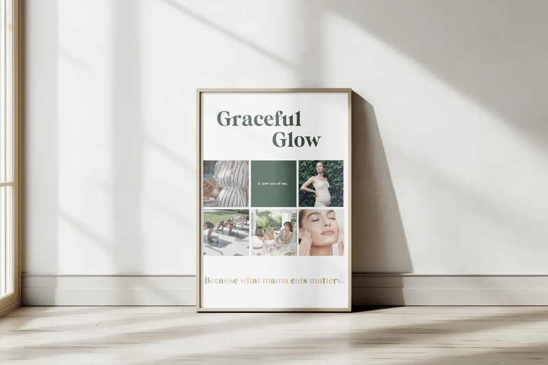 A framed moodboard titled "Graceful Glow" featuring images of pregnancy, wellness, and self-care with the tagline "Because what mama eats matters."
