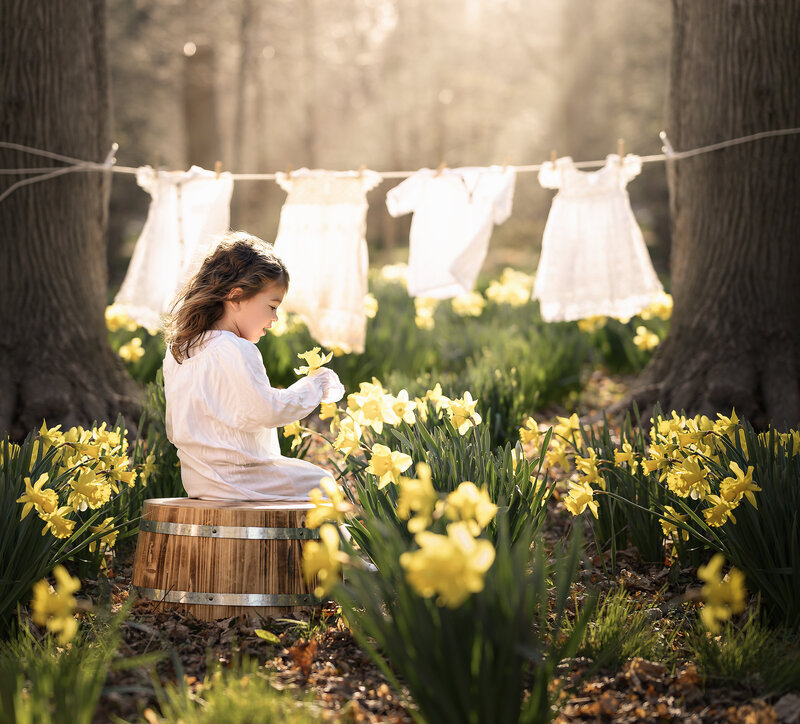 Fine art photo of girl at a daffodil field in Virginia Beach