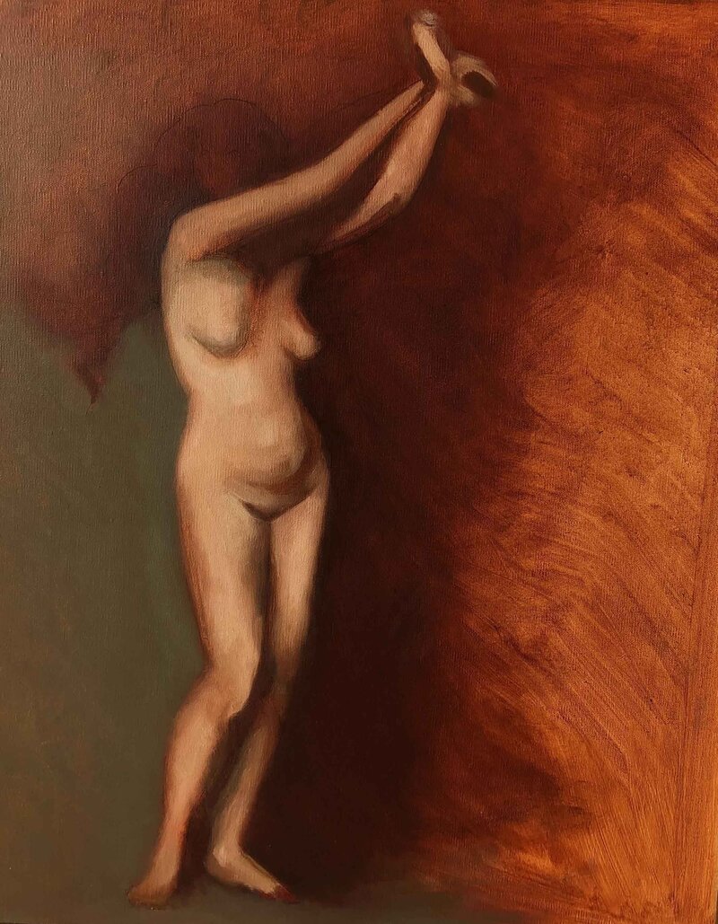 Oil painting of nude female model with arms crossed in the air