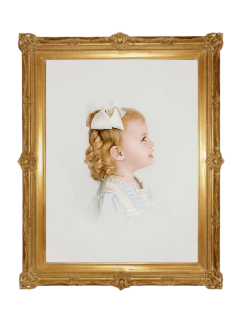 A gold, museum style frame surrounds an oil painting of a little girl's heirloom portrait
