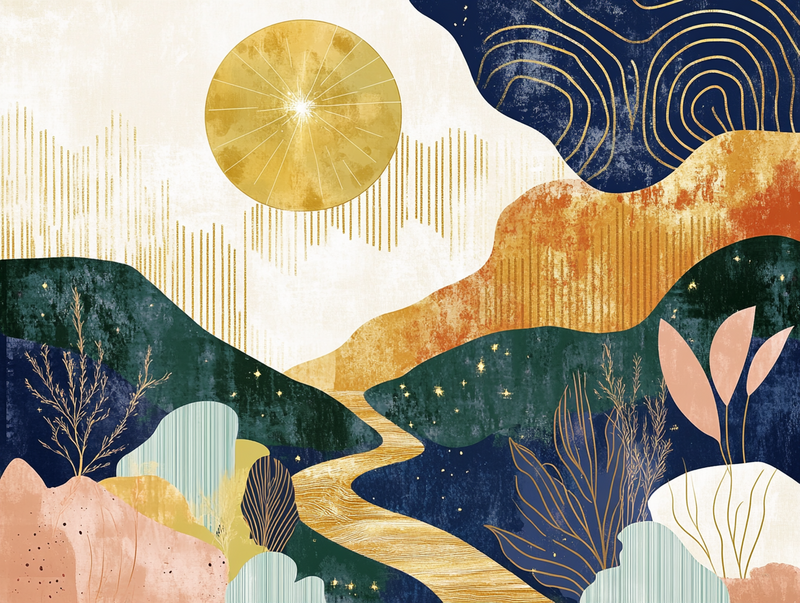 Abstract sun rising over colorful mountains and winding path, symbolizing personal growth, career alignment, and transformational coaching with ALTAZ.